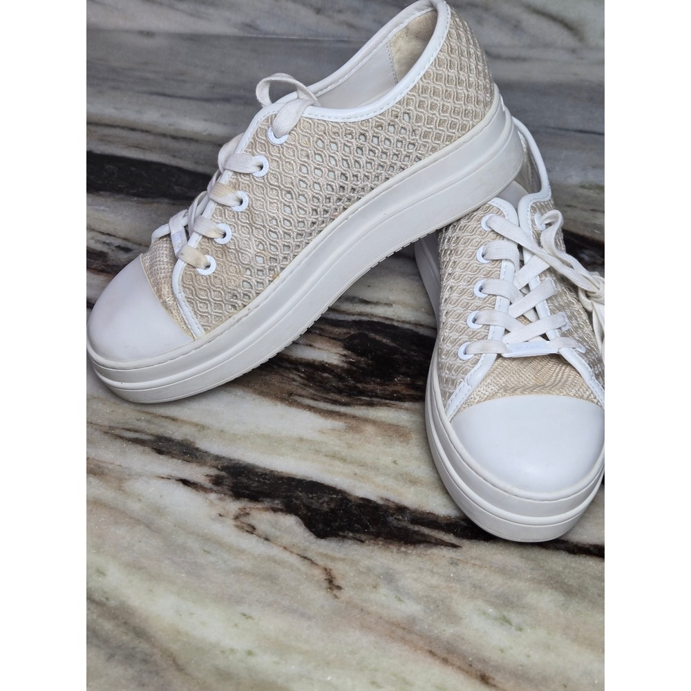 J/Slides NYC Womens 6 Beige White Mesh Crochet Platform Sneakers Cap Toe Lace Up